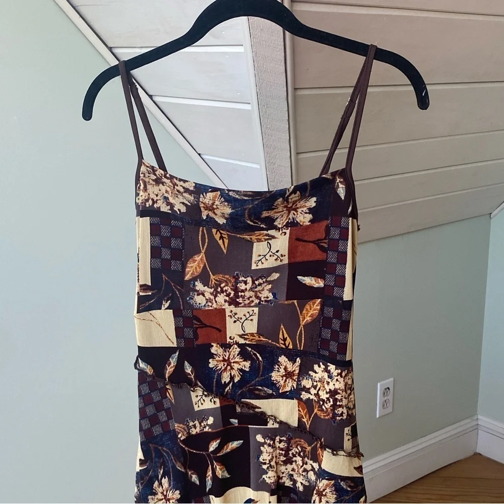 Mini Dress Womens Small Brown Floral Mesh Lined Stretch Strappy Ruffle Cider - Picture 3 of 9